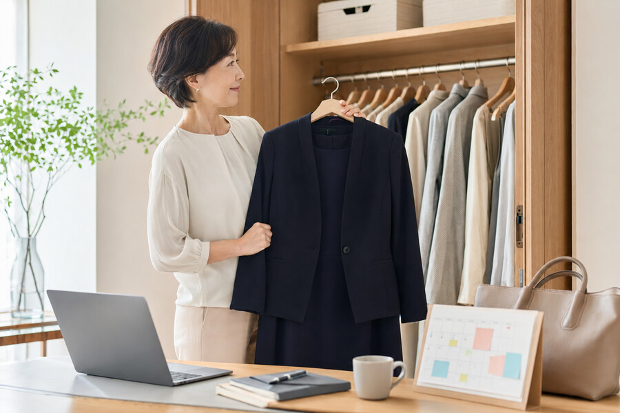 共働き世帯の多忙な日常と服選びを表現したイメージ