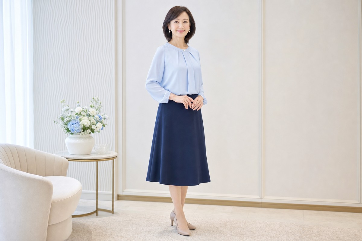 淡いブルーのブラウスとネイビーのスカートを合わせた上品な婚活服