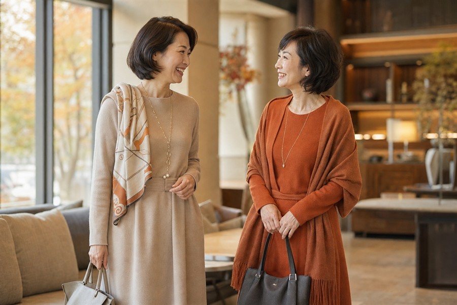 ベージュとオレンジの秋冬同窓会コーディネート