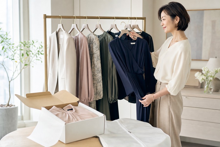 洋服レンタルで届いた箱とワンピース