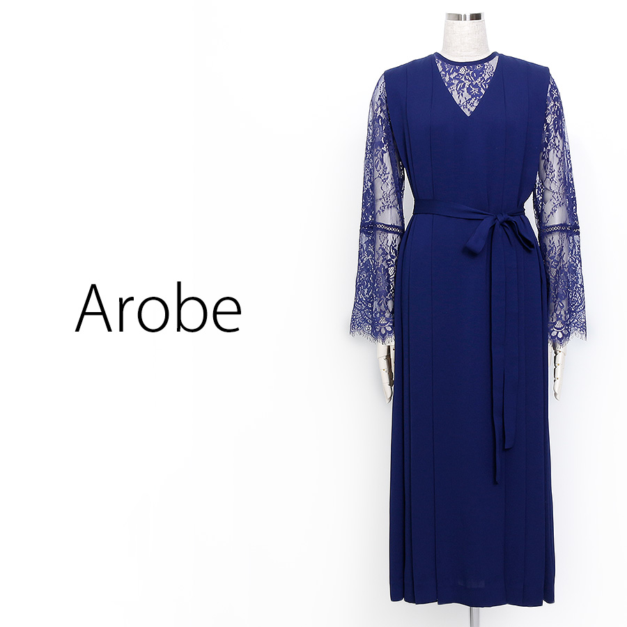 Mix Lace Pleats Dress（Mサイズ / ブルー / Arobe（アローブ）） [付属品 1点：リボン]