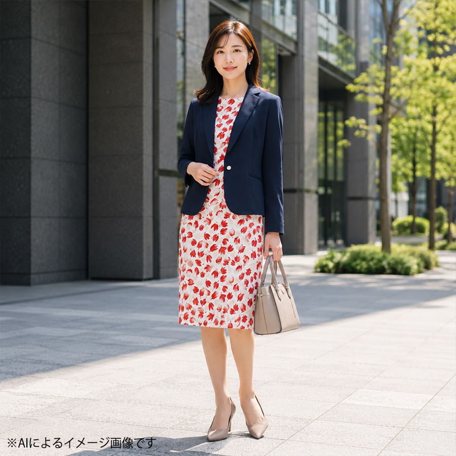 Wストレッチジャケット＆ボタニカルプリント ワンピース