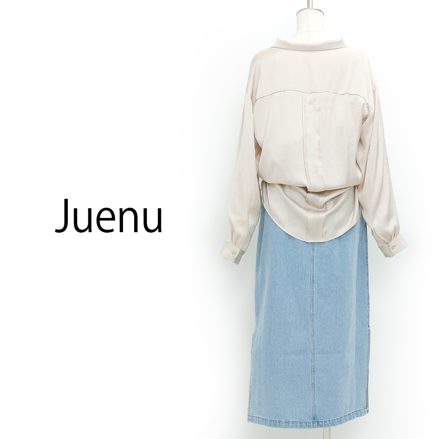 サテンシャツ＆デニムスカート（Mサイズ / アイボリー×ライトブルー / Juenu（ジュエーヌ））